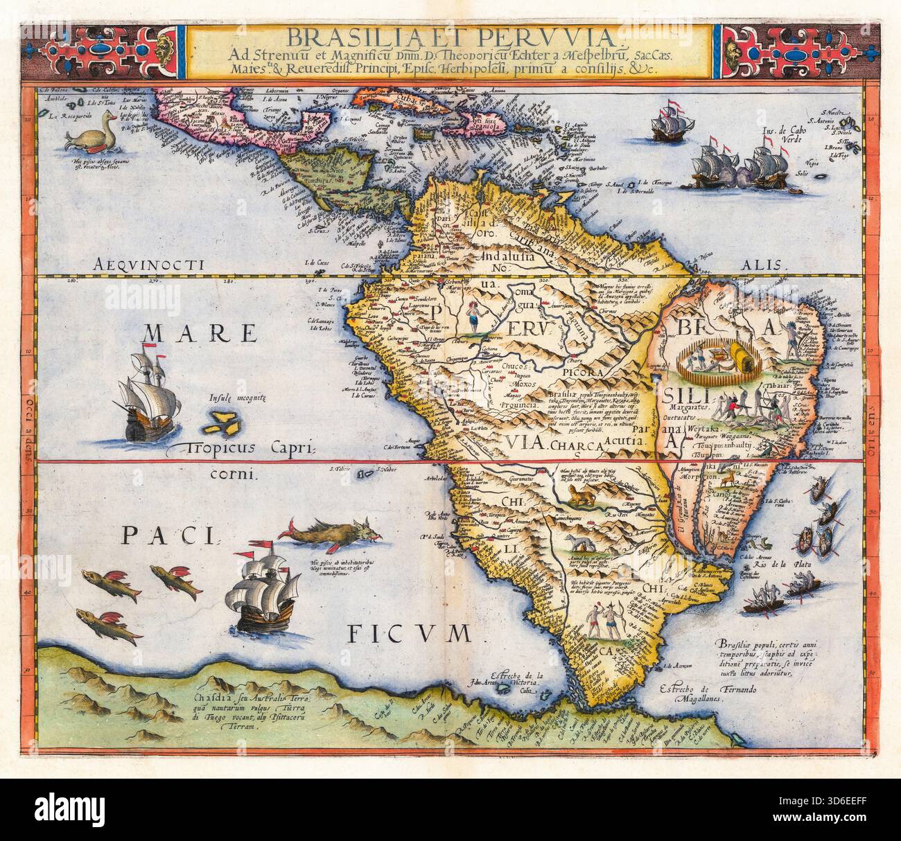 Sud America, vecchia mappa vintage del XVI secolo di Gerard de Jode, 1593 Foto Stock