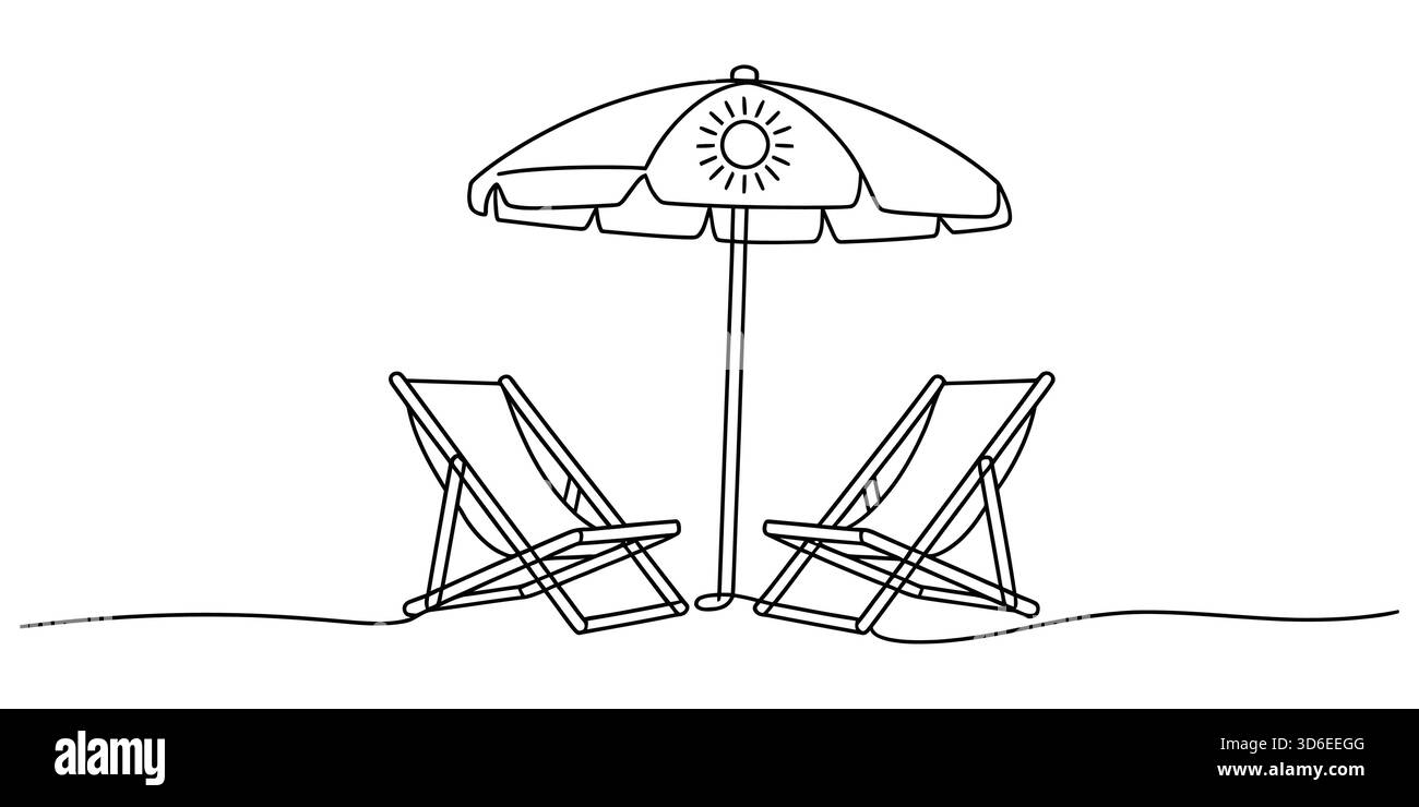 Semplice disegno artistico di due sdraio sotto un ombrellone per le vacanze estive Illustrazione Vettoriale