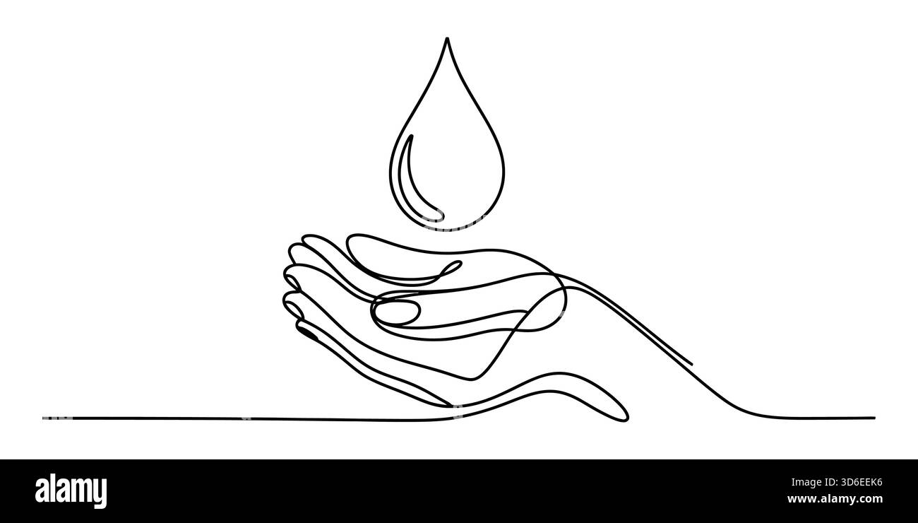 Disegno al tratto di mani chiuse che catturano una goccia d'acqua, conservazione dell'acqua Illustrazione Vettoriale