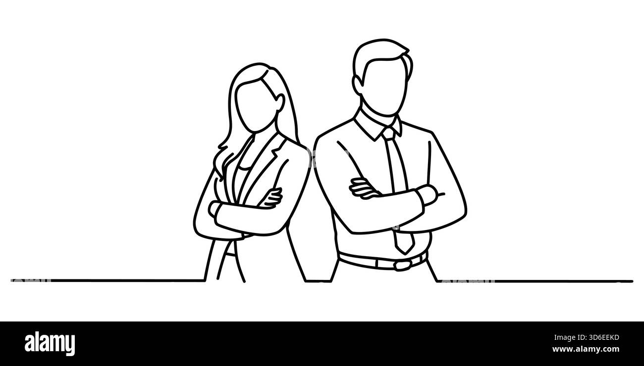 Donna d'affari e uomo d'affari che disegna con le braccia incrociate. squadra Illustrazione Vettoriale