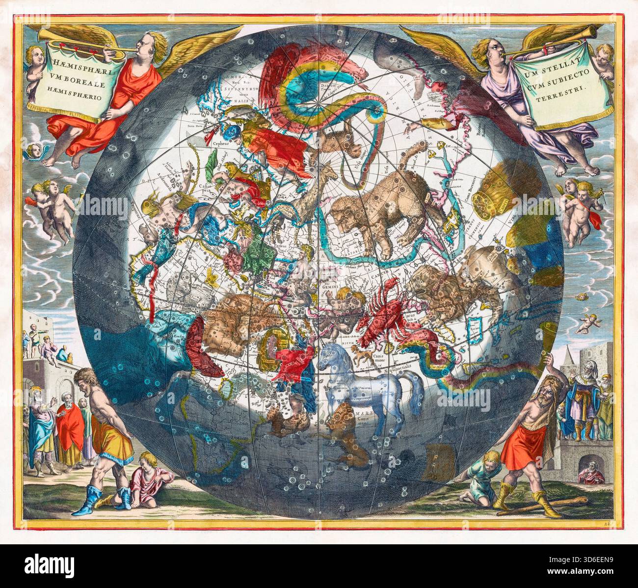 Mappa Celeste del XVII secolo d'epoca del cielo del Nord, l'emisfero settentrionale delle stelle, illustrazione originale di Andreas Cellarius, 1660 Foto Stock