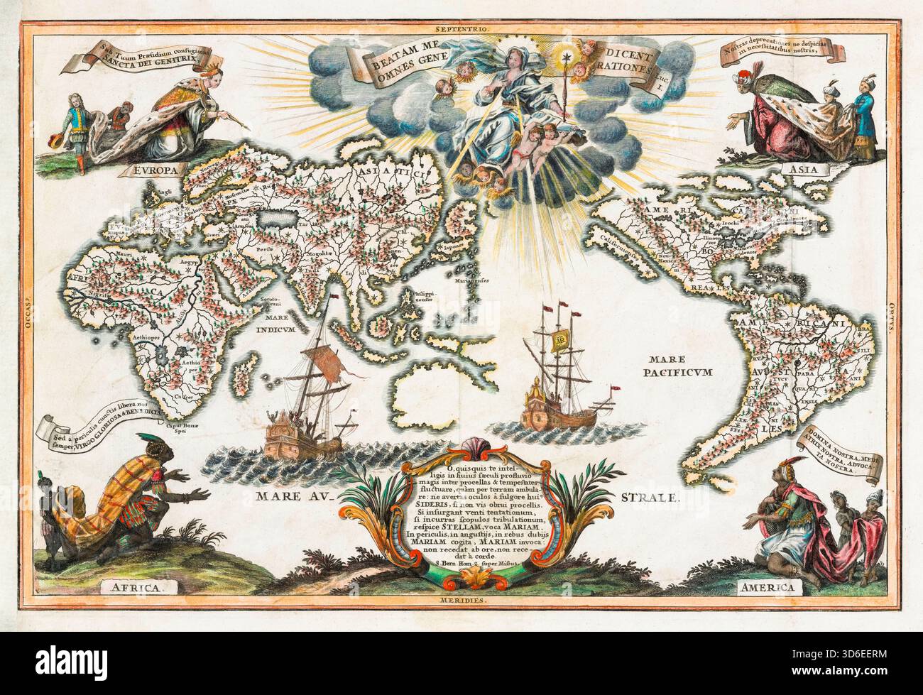 Mappa del Vecchio mondo che mostra le missioni gesuite e la California come isola, illustrazione di Heinrich Scherer, inizio XVIII secolo circa 1700 Foto Stock