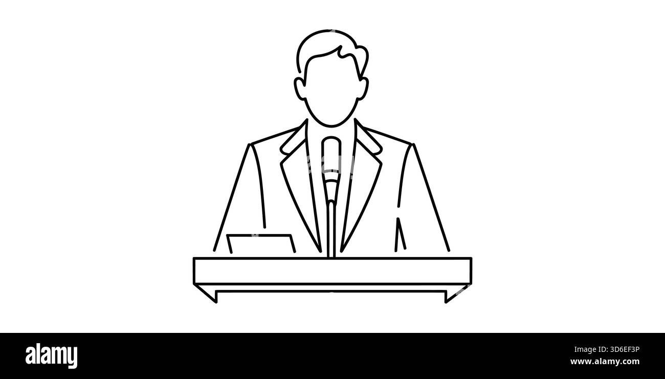 Icona contorno: Altoparlante pubblico su un podio con microfono, presentazione Illustrazione Vettoriale