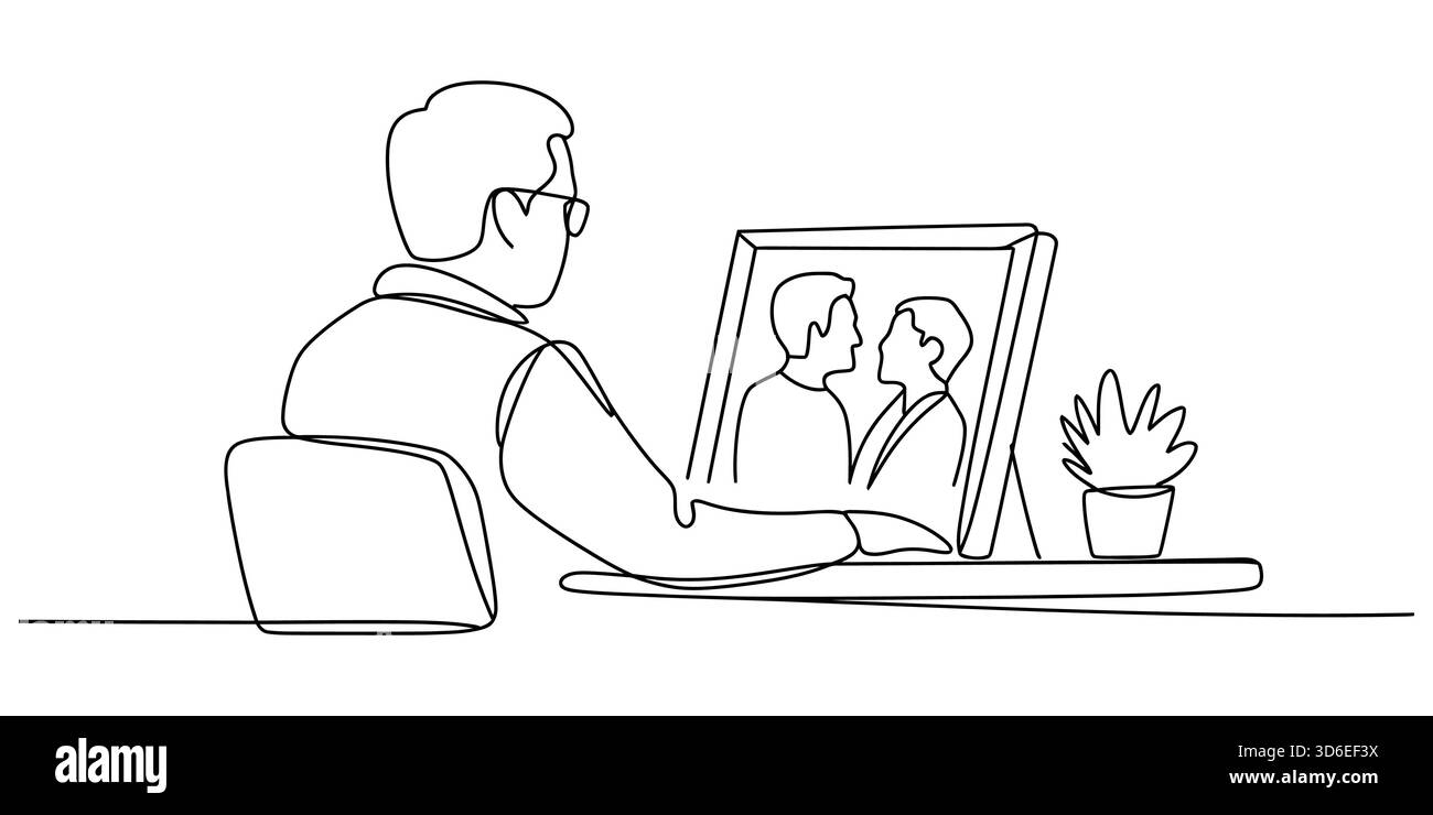 Uomo alla scrivania che guarda la foto incorniciata di una coppia gay amorevole Illustrazione Vettoriale