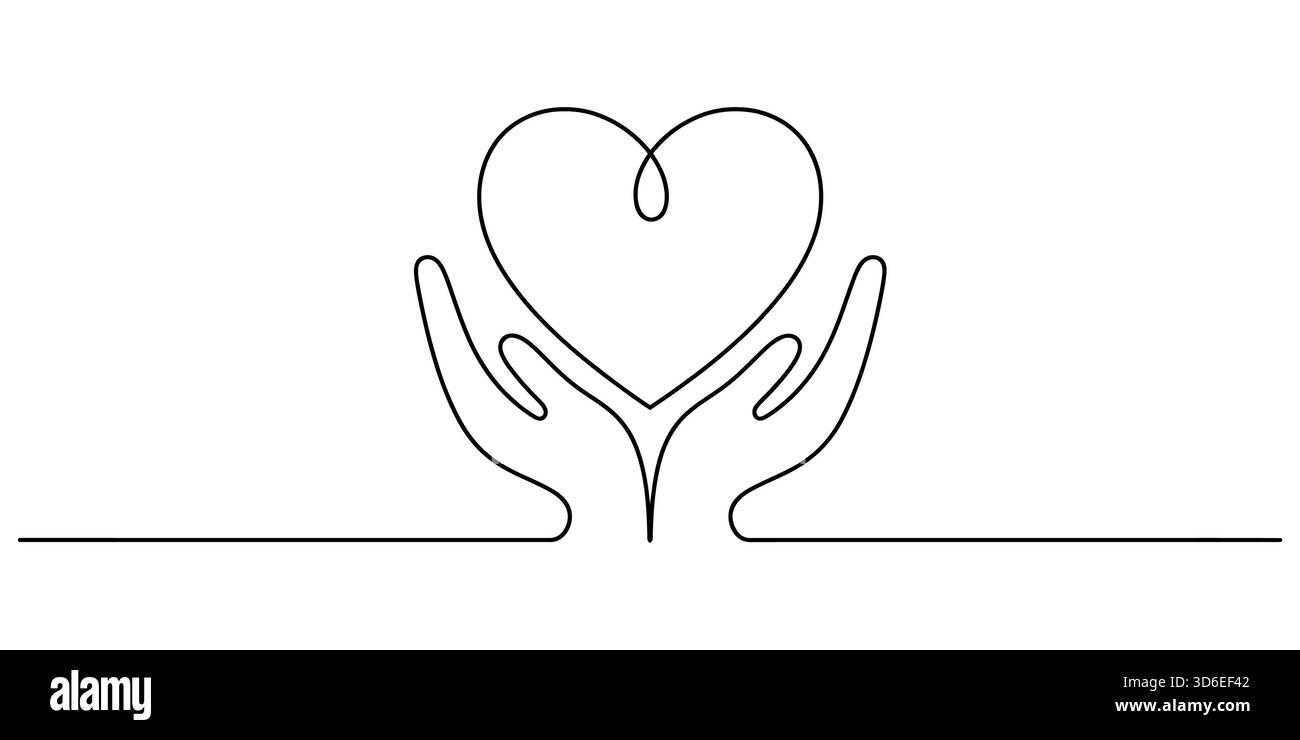 Disegno continuo delle mani che tengono il cuore, rappresentando l'amore e la cura Illustrazione Vettoriale