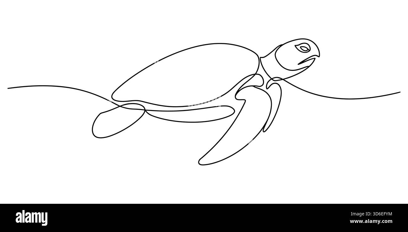 Disegno a linea singola continua di una tartaruga marina che nuota nella fauna sottomarina Illustrazione Vettoriale