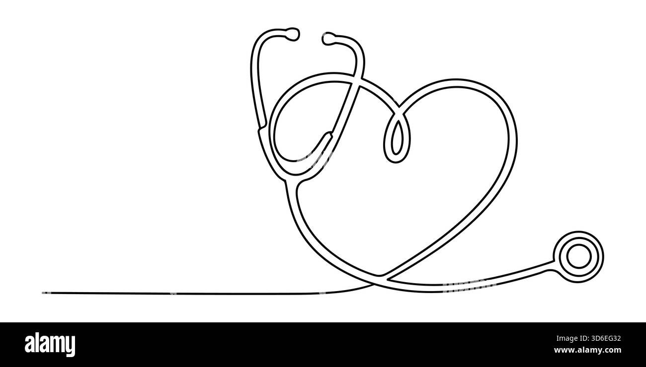 Disegno a linea continua di uno stetoscopio che forma una forma di cuore su sfondo bianco Illustrazione Vettoriale