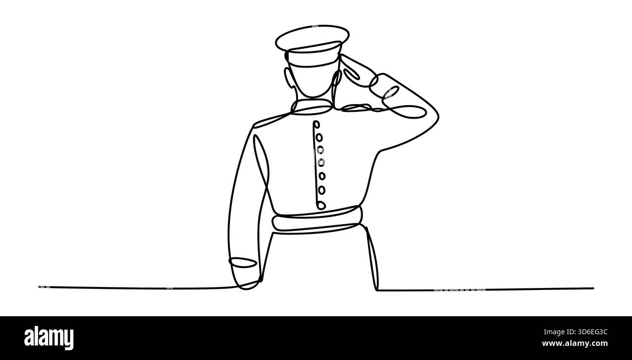 Disegno in linea continua di un ufficiale militare in uniforme che saluta la vista posteriore Illustrazione Vettoriale
