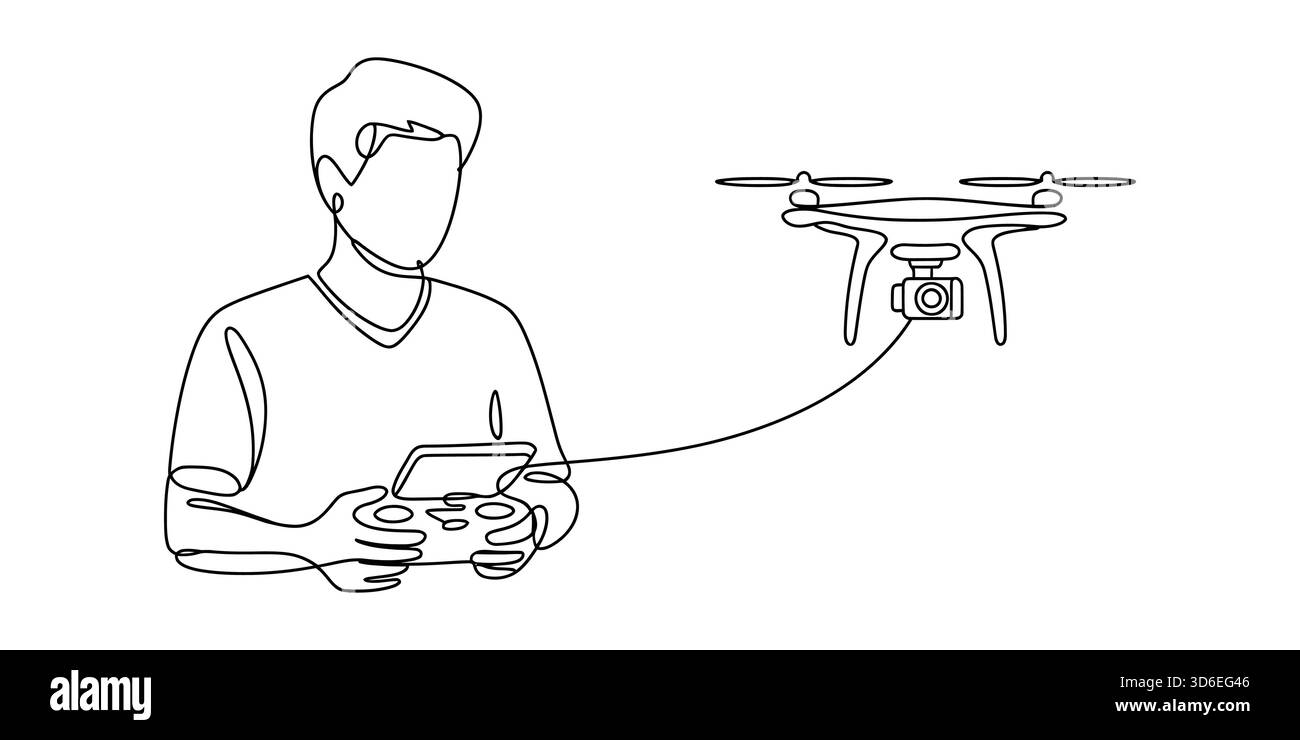Uomo che vola con un drone che utilizza il telecomando per la fotografia aerea e la videografia Illustrazione Vettoriale