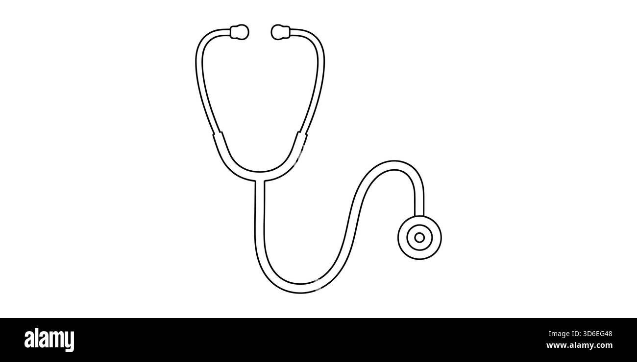 Stetoscopio linea disegno, emblema medico per salute, cura, diagnosi. Illustrazione Vettoriale