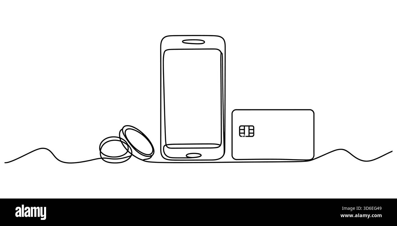 Concetto di mobile banking e pagamento online: Smartphone, carta di credito e monete Illustrazione Vettoriale