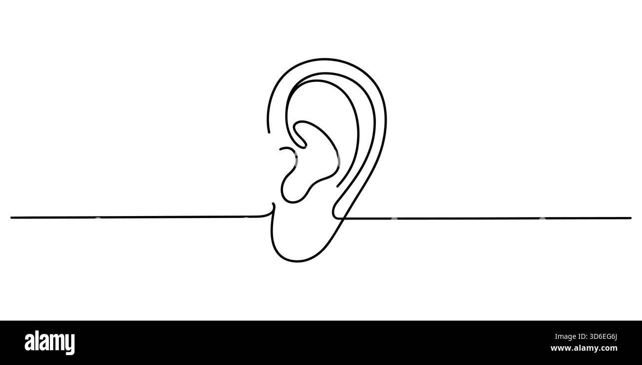 Minimalista disegno di una linea continua di un orecchio umano, concetto di udito Illustrazione Vettoriale