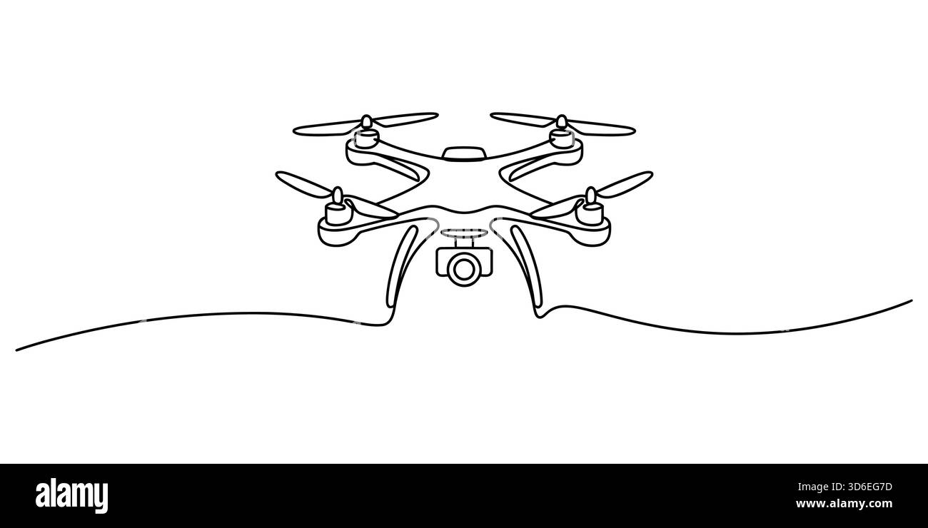 Disegno continuo di un drone moderno con fotocamera che vola ad alta tecnologia Illustrazione Vettoriale