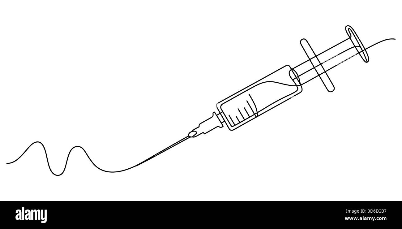 Siringa per medicina sanitaria con ago e fluido, disegno a linea continua Illustrazione Vettoriale