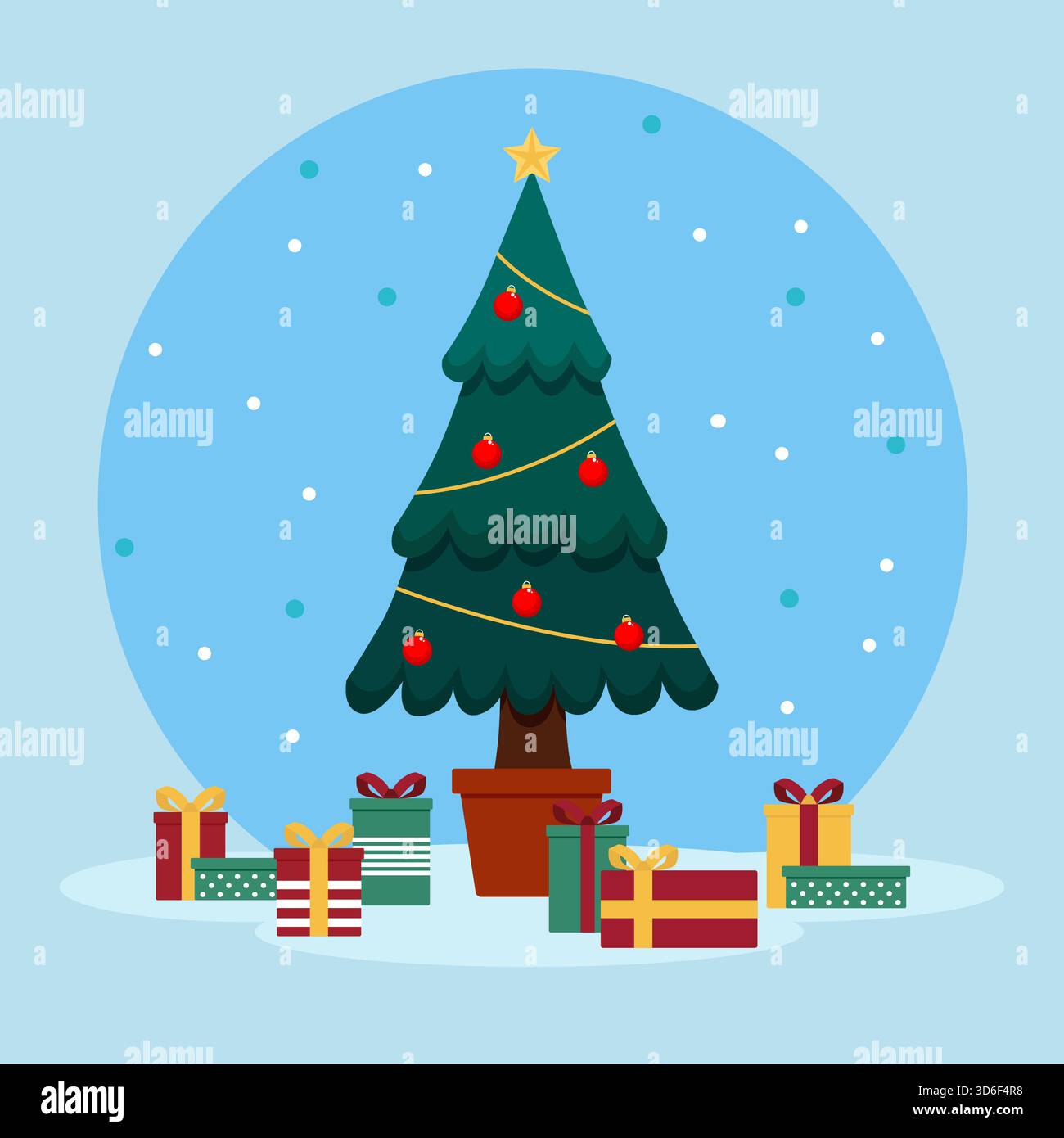 Illustrazione vettoriale degli alberi di Natale. Abete verde decorato e pini con rami di palle rosse e scatole regalo, stelle di Natale, luci blu e fiocco di neve Illustrazione Vettoriale