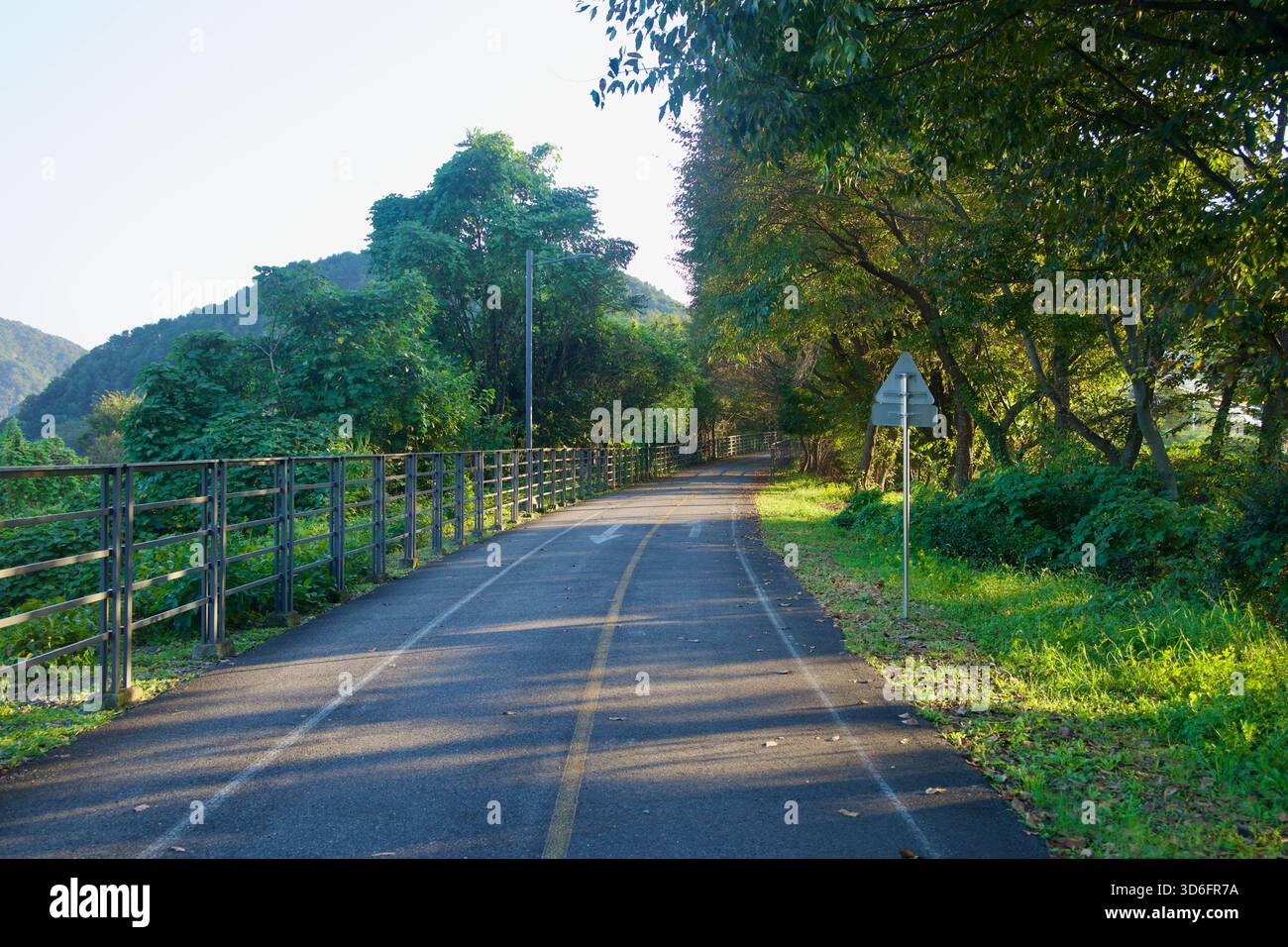 Una sezione ombreggiata e recintata del sentiero delle biciclette di Bukhangang si snoda tra alberi di collina sopra il fiume Han settentrionale a Namyangju, striscia di luce pomeridiana Foto Stock