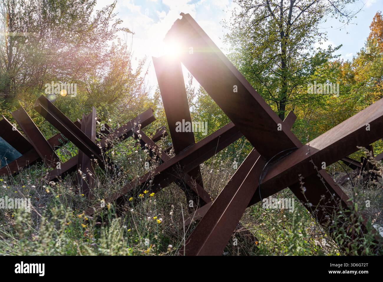 Arrugginiti ricci anticarro giacciono sull'erba ricoperta in un'area illuminata dalla guerra, resti di conflitti passati tra gli alberi. Foto Stock