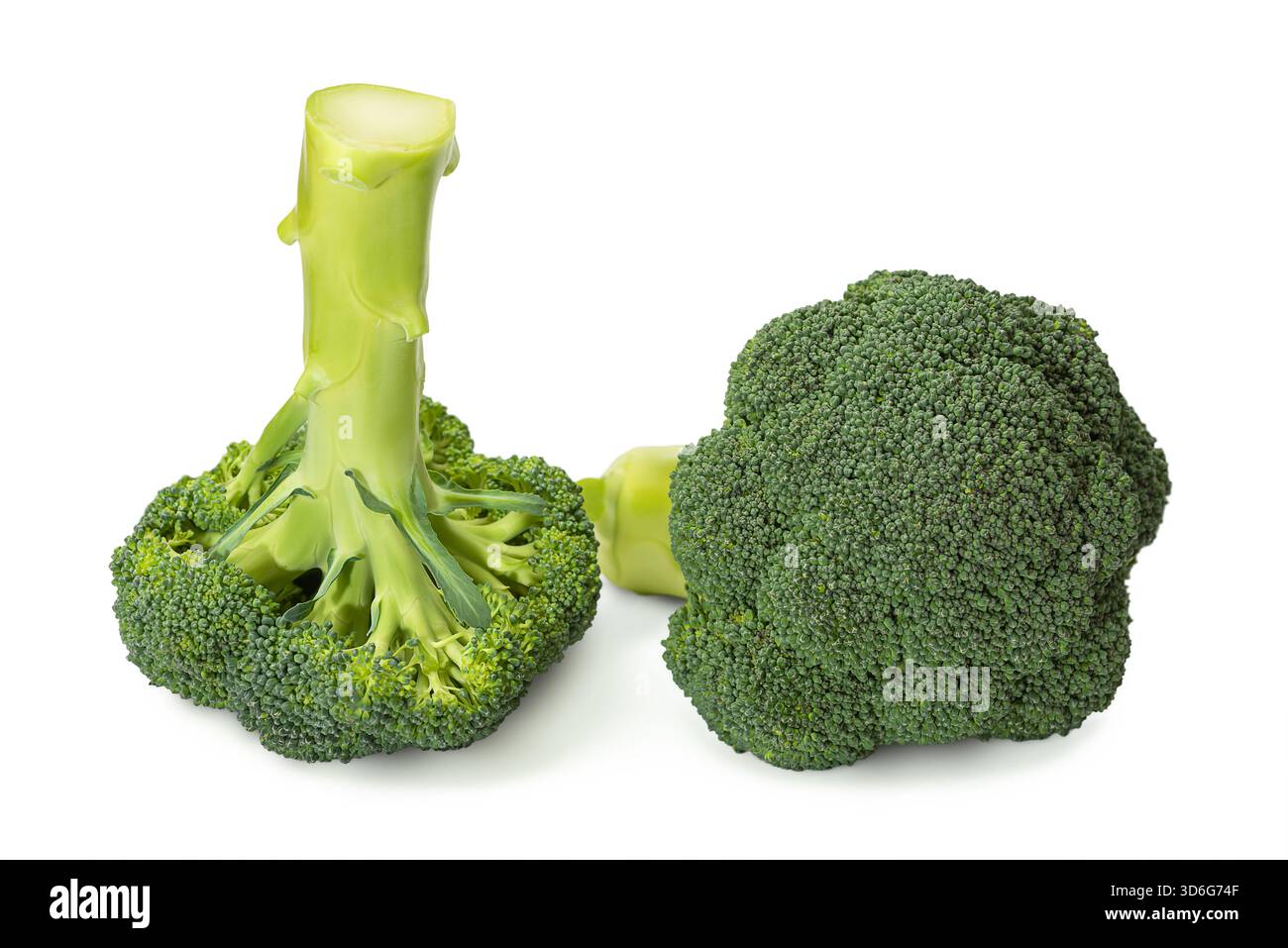 Vengono esposti broccoli freschi con fiori e steli verdi vibranti, che mostrano le loro proprietà salutari e nutrienti per i pasti. Foto Stock