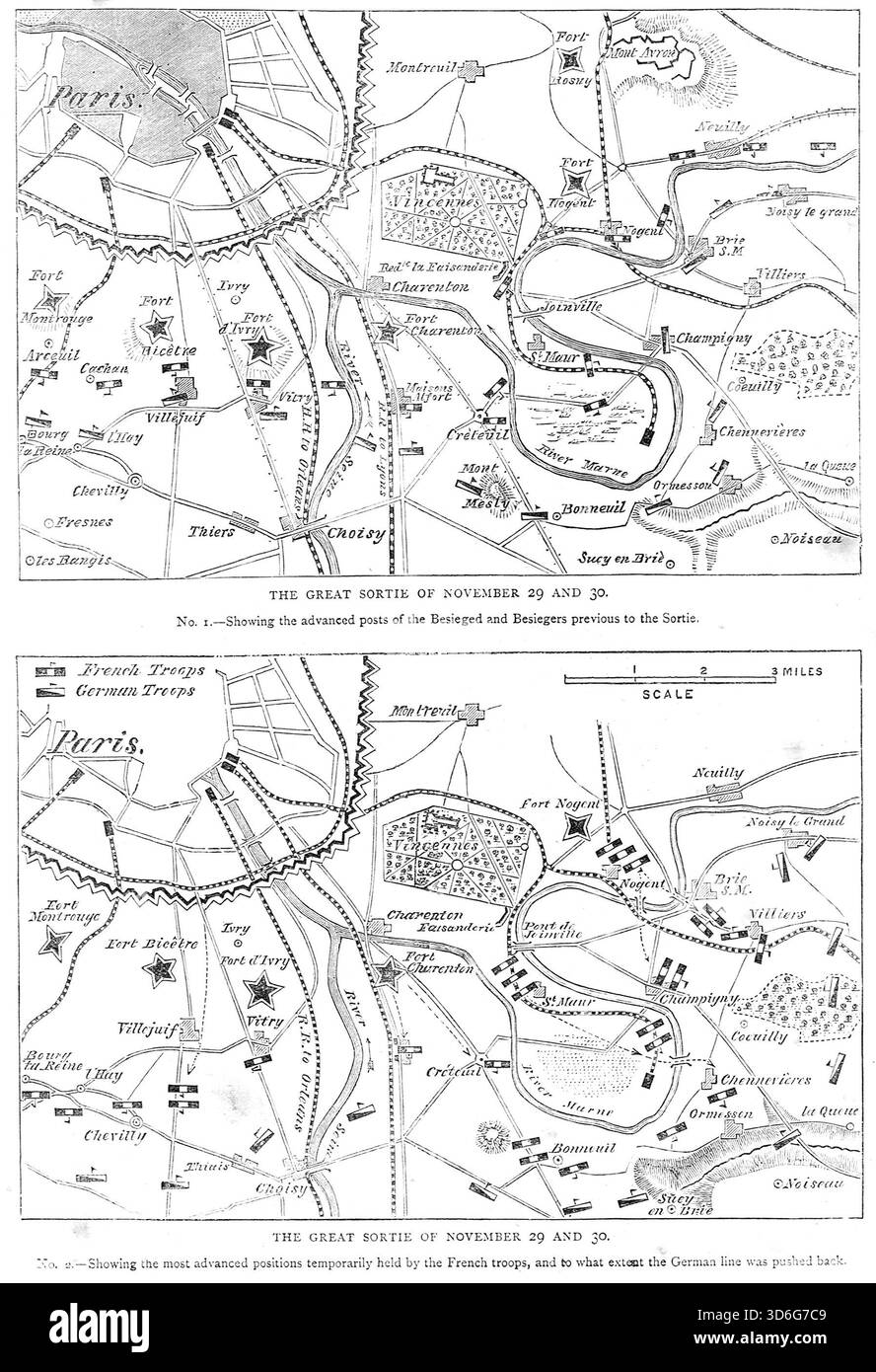 Mappa della grande sortita, dal 29 al 30 novembre 1870, assedio di Parigi, durante la guerra franco-prussiana. Un tentativo fallito di evasione per collegarsi con l'esercito francese della Loira. Foto Stock