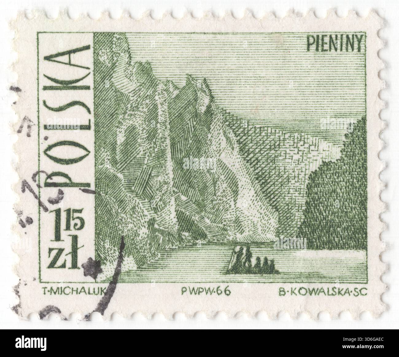 POLONIA — 1966 settembre 15: Francobollo verde zloty di 1,15 zloty raffigurante attrazioni turistiche: Gola del fiume Dunajec. La gola del fiume Dunajec scorre attraverso i Monti Pieniny nel sud della Polonia e nel nord della Slovacchia, è il fiume di confine tra i due paesi. La gola è caratterizzata da interessanti strutture geologiche e geomorfologiche e da ecosistemi naturali specifici della zona con scarsa influenza antropogenica. È stata inserita nella lista dei siti Patrimonio Mondiale dell'Umanità dell'UNESCO in Polonia. La gola di Dunajec è anche una delle più famose attrazioni turistiche dei Monti Pieniny Foto Stock