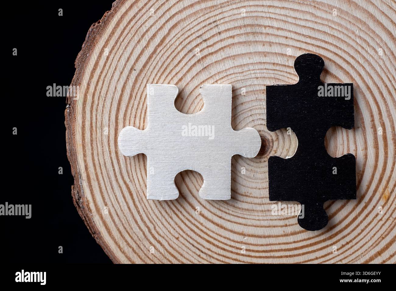 Contrasto macro: Pezzi di seghetto alternativo in bianco e nero allineati su una superficie legnosa con crescita Foto Stock