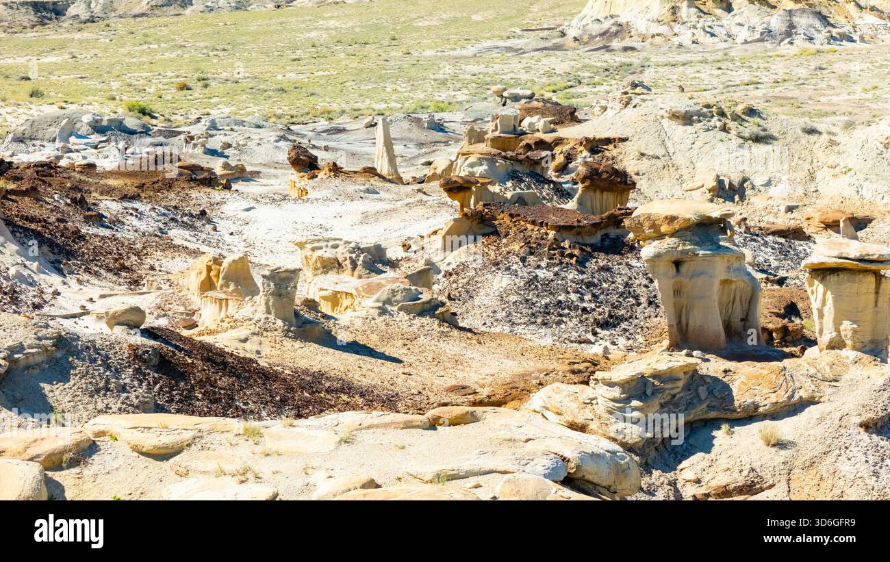 Fotografia delle strane formazioni hoodoo della Valley of Dreams, Ah-shi-sle-pah Wash, San Juan County, New Mexico, USA, in un bellissimo dopono autunnale Foto Stock