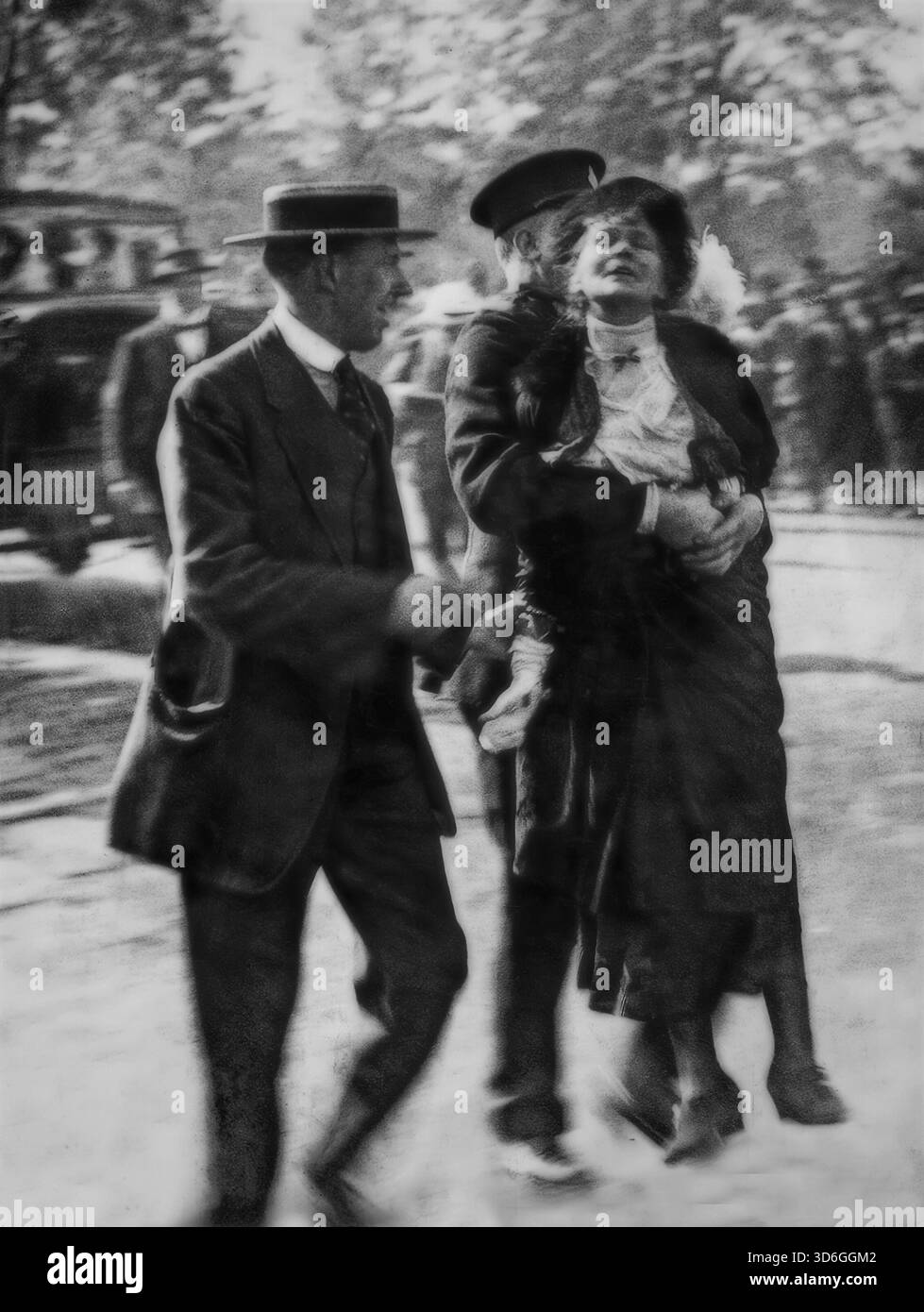 L'arresto di Emmeline Pankhurst mentre cercava di presentare una petizione al re a Buckingham Palace, il 21 maggio 1914. Essendo stata rilasciata in marzo secondo i termini del Cat and mouse Act Emmeline non era riuscita a tornare a Holloway alla fine del mese e fu respinta direttamente a Holloway per continuare la sua condanna. All'agente arrestatore, l'ispettore capo Rolfe, visto qui portare Emmeline via dalla manifestazione, era stato ordinato di arrestare Emmeline dall'Ufficio degli interni. Foto Stock