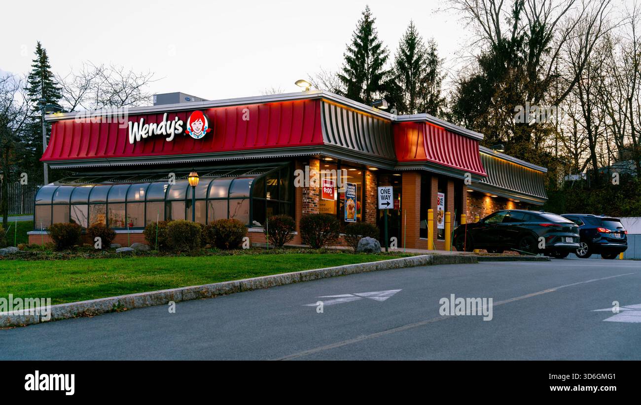 DeWitt, New York - 19 novembre 2025: Wendy's è una catena di ristoranti a servizio rapido globale conosciuta per i suoi hamburger quadrati freschi e preparati su ordinazione e per i suoi caratteristici Fros Foto Stock
