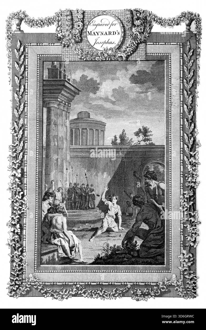 Illustrazione di Zaccaria figlio di Jehoiada il Sommo sacerdote lapidato a morte per ordine di re Gioacchino nel cortile del Tempio di Gerusalemme (Cronaca Foto Stock