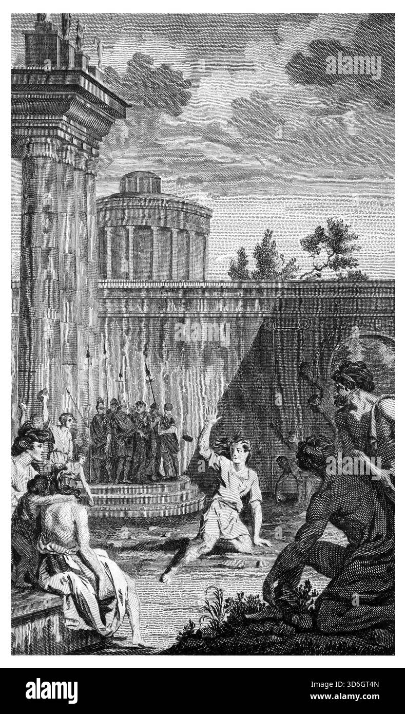 Illustrazione di Zaccaria figlio di Jehoiada il Sommo sacerdote lapidato a morte per ordine di re Gioacchino nel cortile del Tempio di Gerusalemme (Cronaca Foto Stock