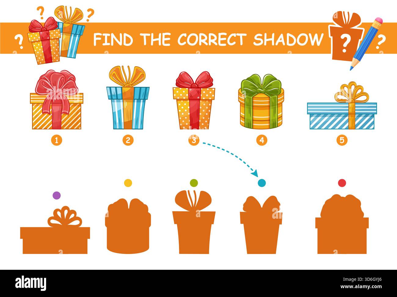 La confezione regalo per le feste trova la forma d'ombra corretta. Puzzle game educativo per bambini. Ricerca di un pacchetto a sorpresa in cartone. Foglio di lavoro di apprendimento per bambini Illustrazione Vettoriale