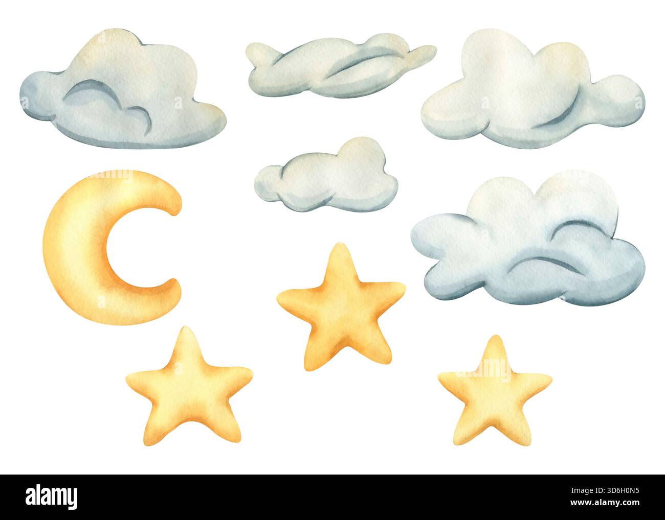 Set di nuvole di stelle lunari ad acquerello. Illustrazione disegnata a mano dai bambini con nuvole, luna e stelle carine. Cielo acquerello in stile infantile. Cartone animato Foto Stock
