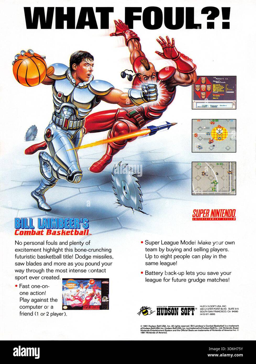 1992 Bill Laimbeer's Combat Basketball, un videogioco sportivo futuristico ambientato nell'anno 2031 in cui l'ex giocatore NBA agisce come commissario della lega, rimuovendo tutte le falli e consentendo il gioco fisico e le armi. Foto Stock