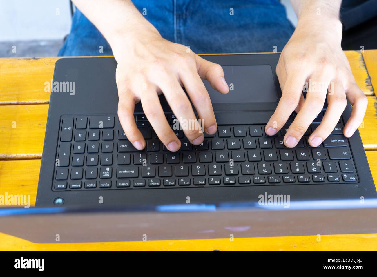 Le mani di una persona scrivono attivamente sulla tastiera di un notebook, lavorano o studiano da casa, interagendo con la tecnologia Foto Stock