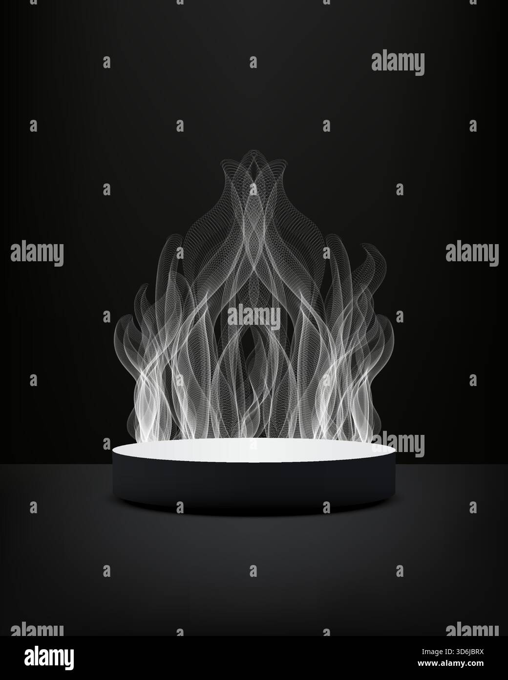elegante palcoscenico in bianco e nero con piedistallo cilindrico luminoso con fumo lievemente crescente in uno studio scuro per mostrare i prodotti m Illustrazione Vettoriale