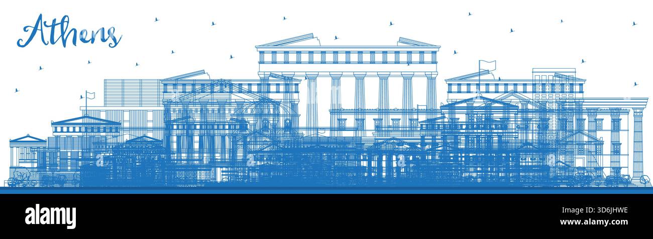 Delinea lo skyline della città greca di Atene con gli edifici blu. Illustrazione vettoriale. Concetto di viaggio d'affari e turismo con architettura storica e moderna Illustrazione Vettoriale