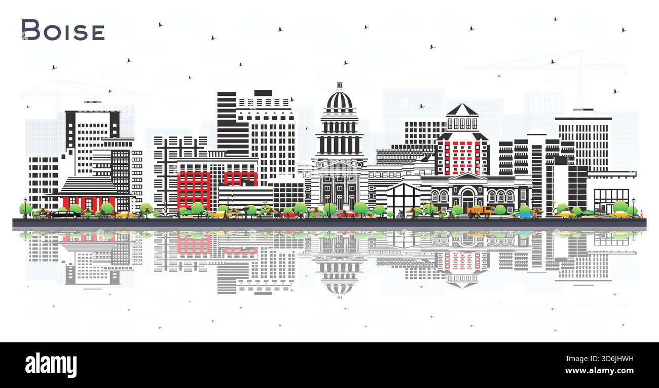 Lo skyline della città di Boise, Idaho, con edifici colorati e riflessi isolati sul bianco. Illustrazione vettoriale. Paesaggio urbano di Boise USA con monumenti storici. Illustrazione Vettoriale