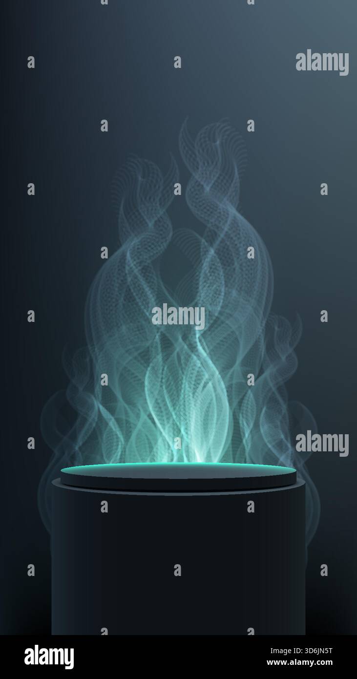 il cilindro turchese si innalza da una scena scura in studio, formando linee simili a quelle del fumo che creano un'atmosfera fantascientifica, ideale per mostrare prodotti moderni o. Illustrazione Vettoriale
