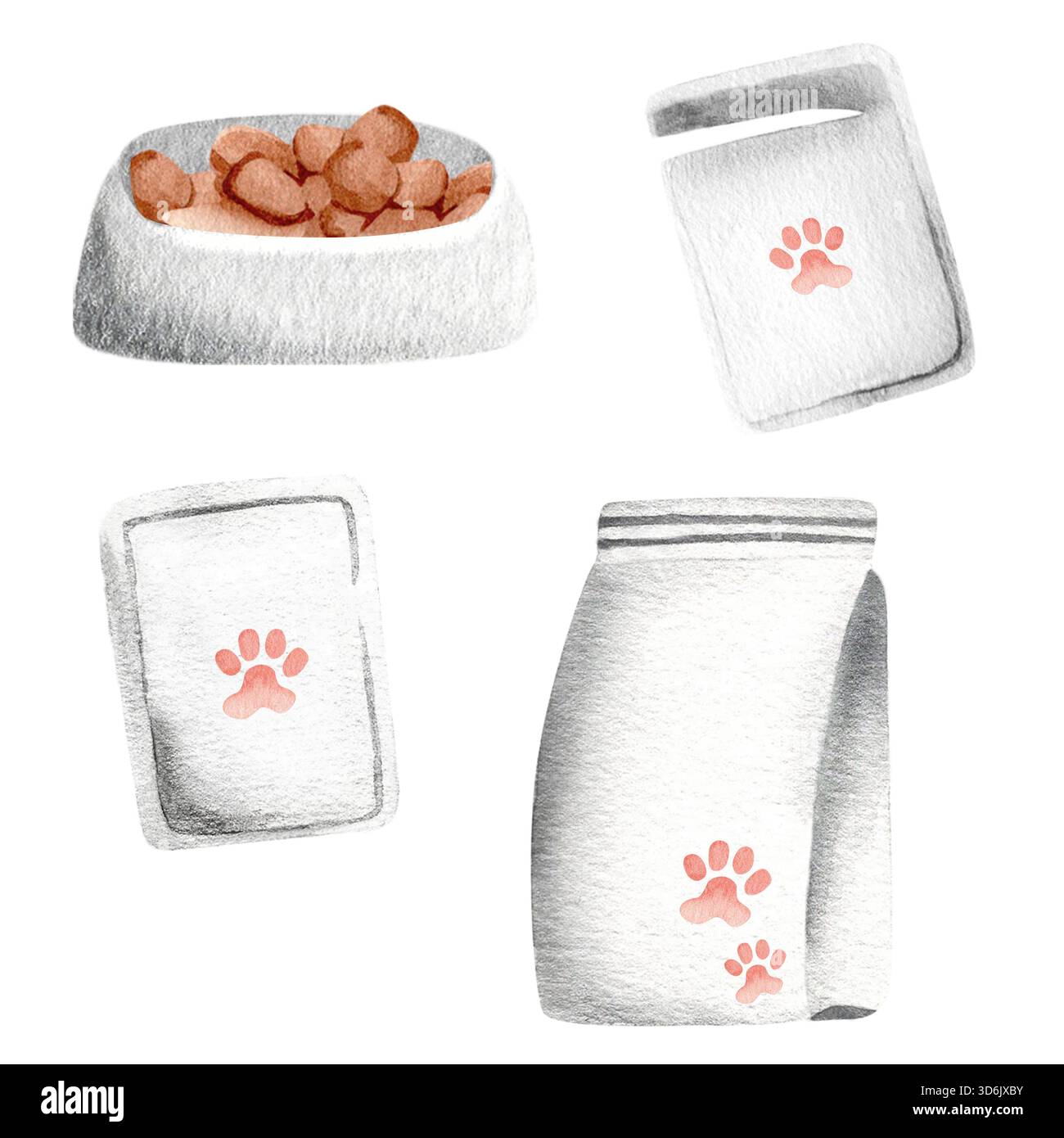 Un set di alimenti per gatti include una grande busta di cibo secco, buste aperte e chiuse e una ciotola piena di cibo. Una semplice illustrazione ad acquerello disegnata a mano. Foto Stock
