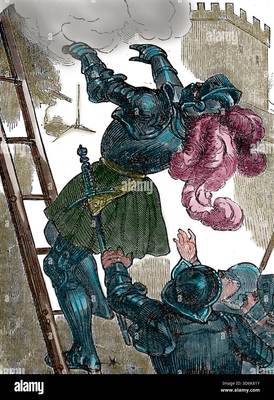 Guerre degli italiani. Conflitto tra l'imperatore Carlo V e papa Clemente VII. Il sacco di Roma, 6 maggio 1527, da parte delle truppe del duca di Borbone (al servizio di Carlo V). E' stato ucciso nel primo assalto, quando ha scalato le mura della citta'. Foto Stock