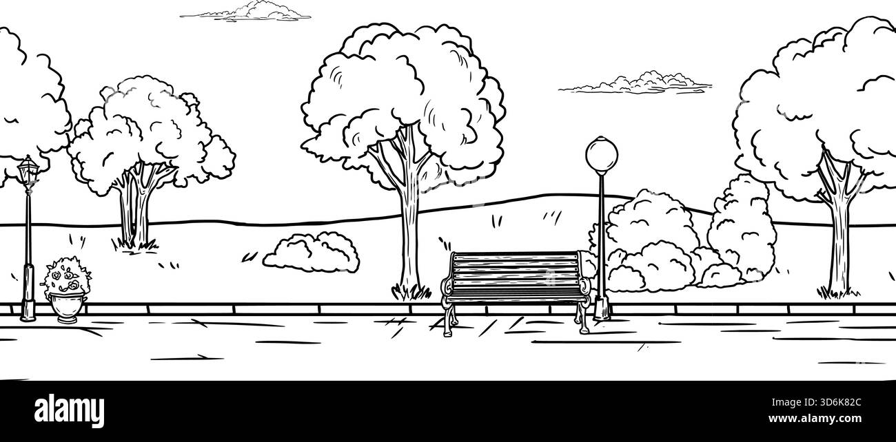 Prato erboso e strada, alberi e cespugli, pattern senza cuciture, schizzo. Una lampada da parcheggio e una panca, un disegno isolato in stile semplice su sfondo bianco. Ve Illustrazione Vettoriale