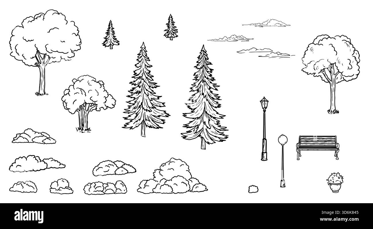 Alberi e alberi di Fir, una panchina e lanterne, un insieme di sagome, schizzo. Cespugli di prato nel parco, isolati su uno sfondo bianco. Per le cartoline, l'invito Illustrazione Vettoriale