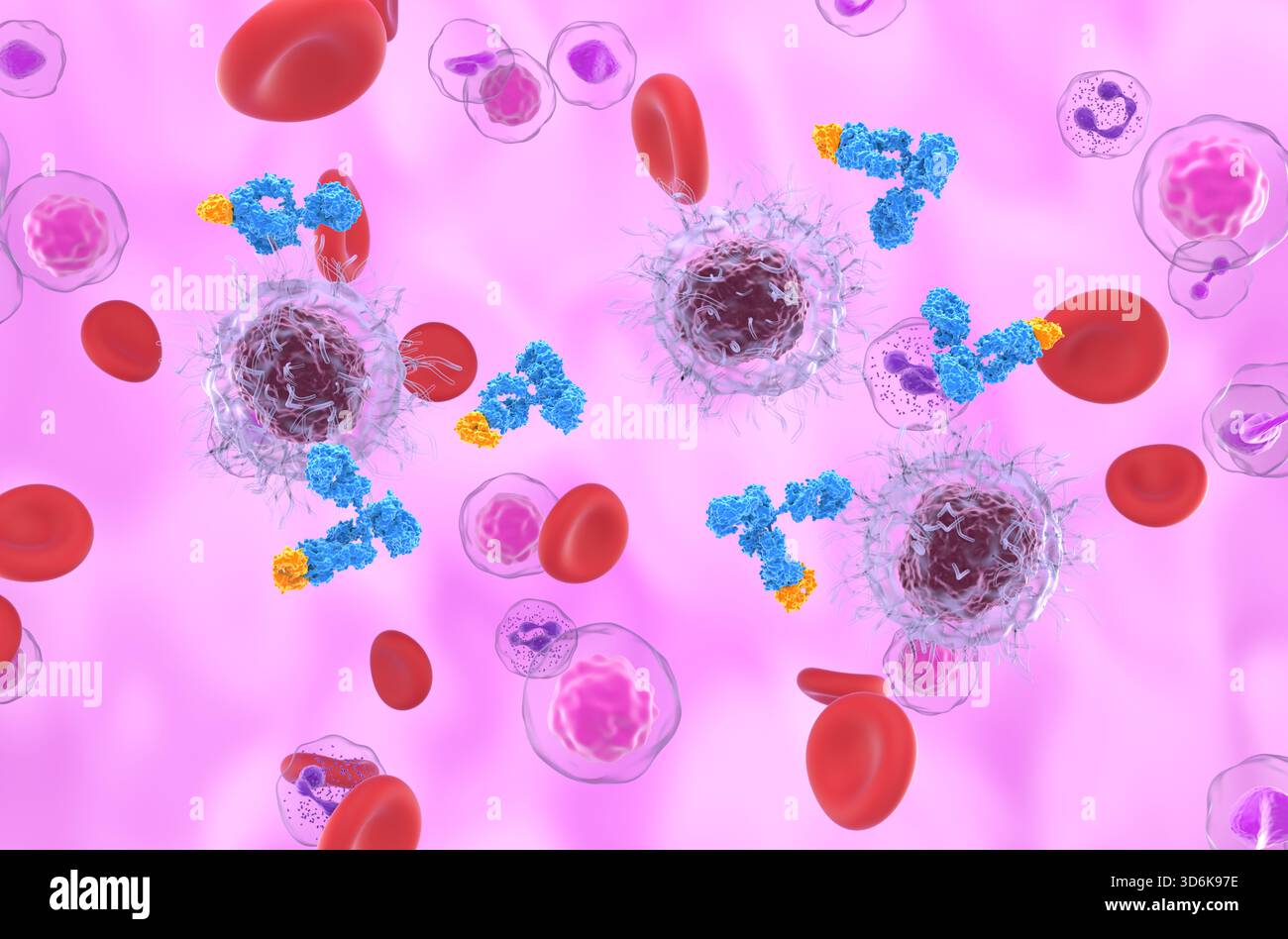 Trattamento con anticorpi monoclonali nella leucemia a cellule pelose (HCL) - Vista isometrica illustrazione 3d. Foto Stock