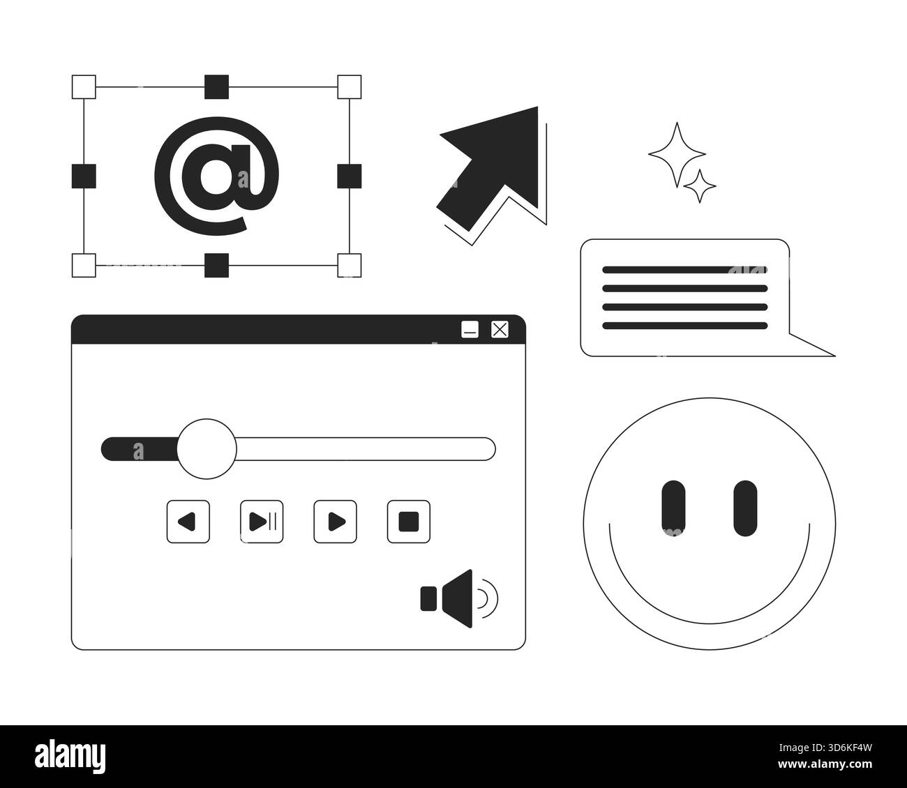 Comandi dell'interfaccia digitale e set di oggetti linea 2D emoji Illustrazione Vettoriale