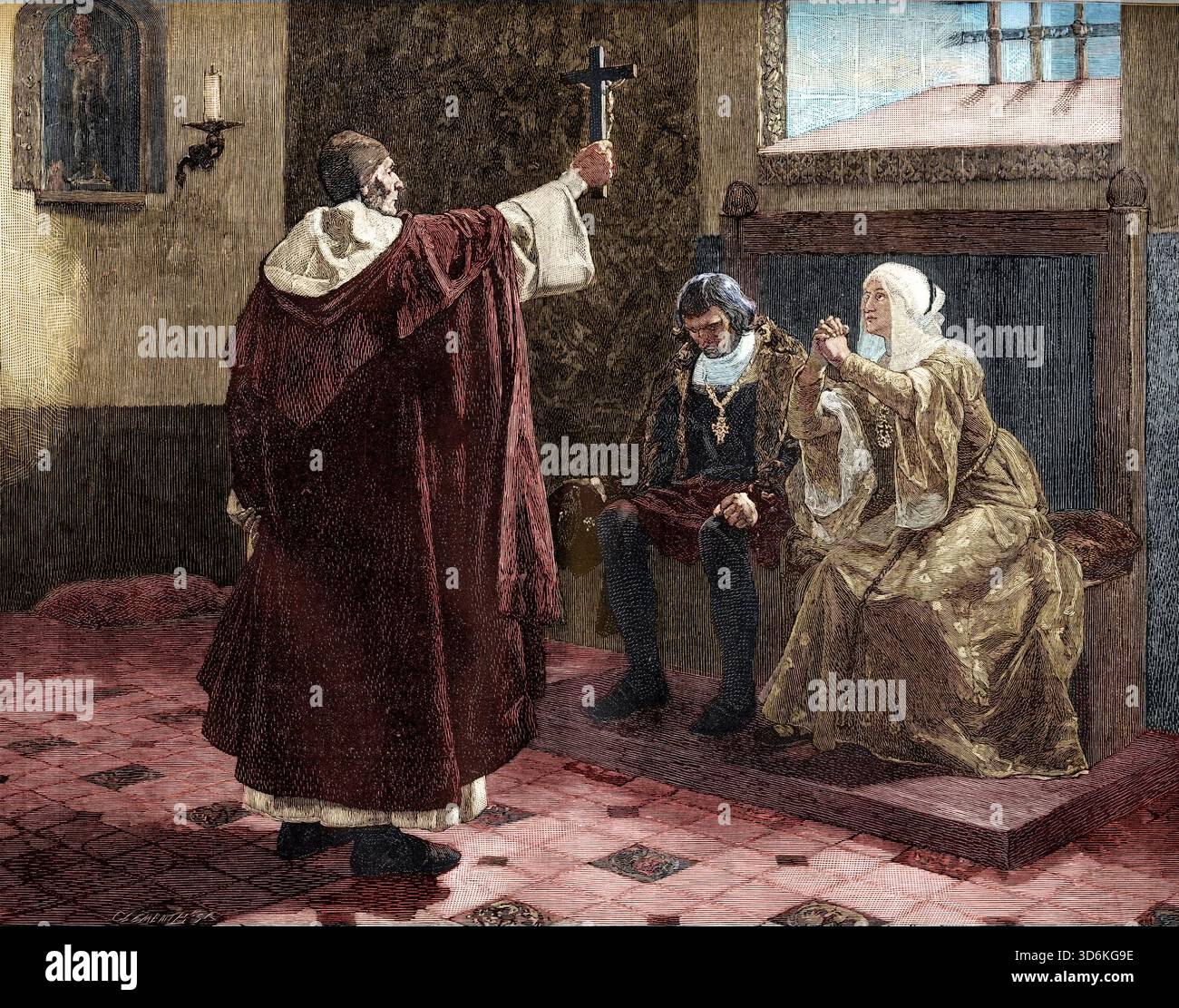 Frate domenicano spagnolo e primo Gran Inquisitore Tomas de Torquemada e re di spagna Isabella di Castiglia e Ferdinando II) - incisione dopo Jean-Paul Laurens Foto Stock