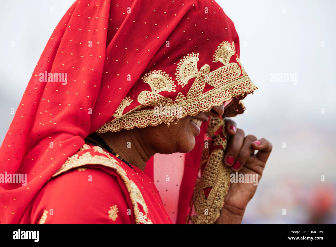 Una donna che indossa un sari rosso e una copertura per la testa decorata con fili dorati e disegni floreali. Foto Stock