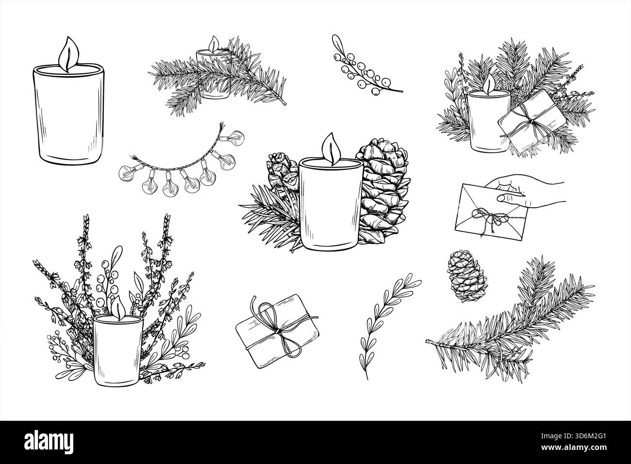 Composizione Vector Xmas impostata in stile inchiostro nero. Candele monocromatiche natalizie in vaso di vetro, rami di pino, coni, lampadina garland, regali Illustrazione Vettoriale