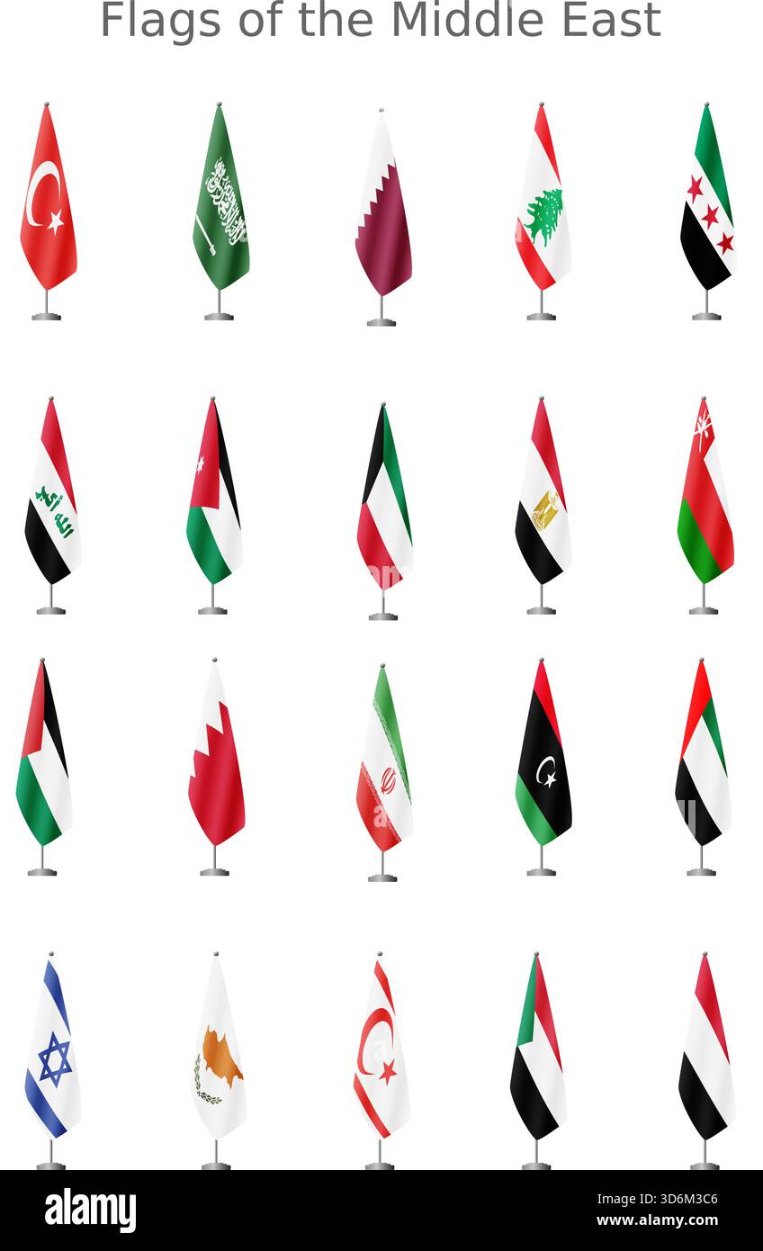Serie di bandiere dei paesi del Medio Oriente su un palo per riunioni ufficiali, senza precedenti, vettore Illustrazione Vettoriale