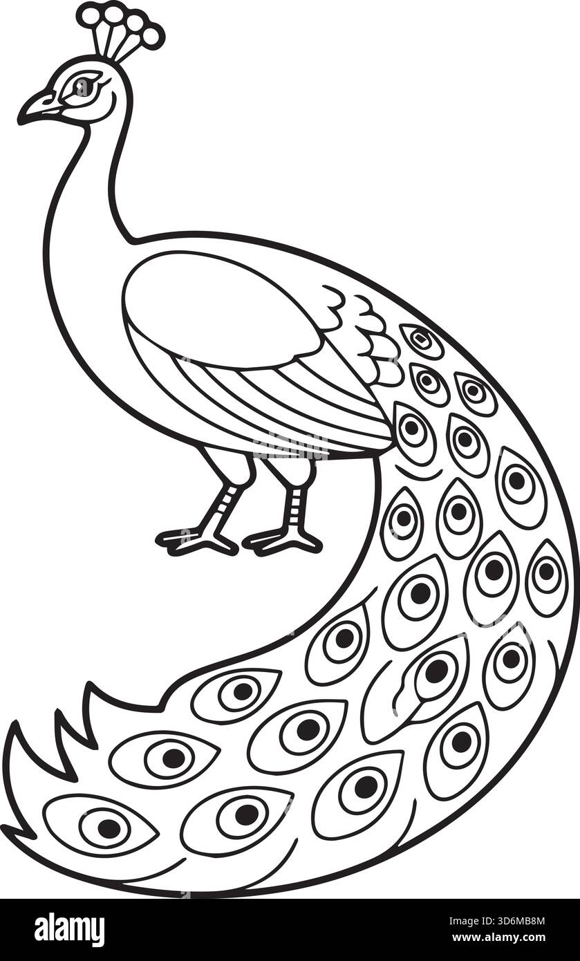 Design della pagina di colorazione grafica della linea Peacock Illustrazione Vettoriale