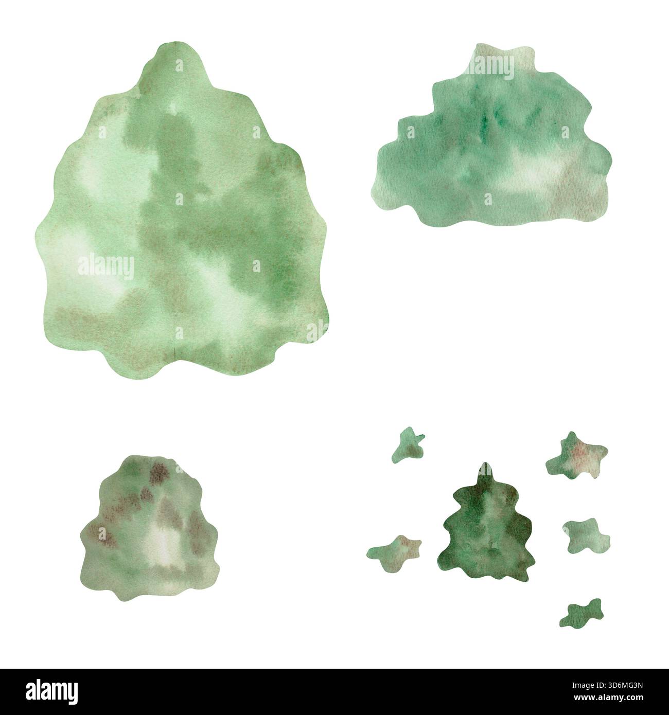 Una serie di modelli ad albero e arbusti. Illustrazioni ad acquerello isolate per materiale didattico per bambini, stampa su cartoline, tessuti, libri e c Foto Stock